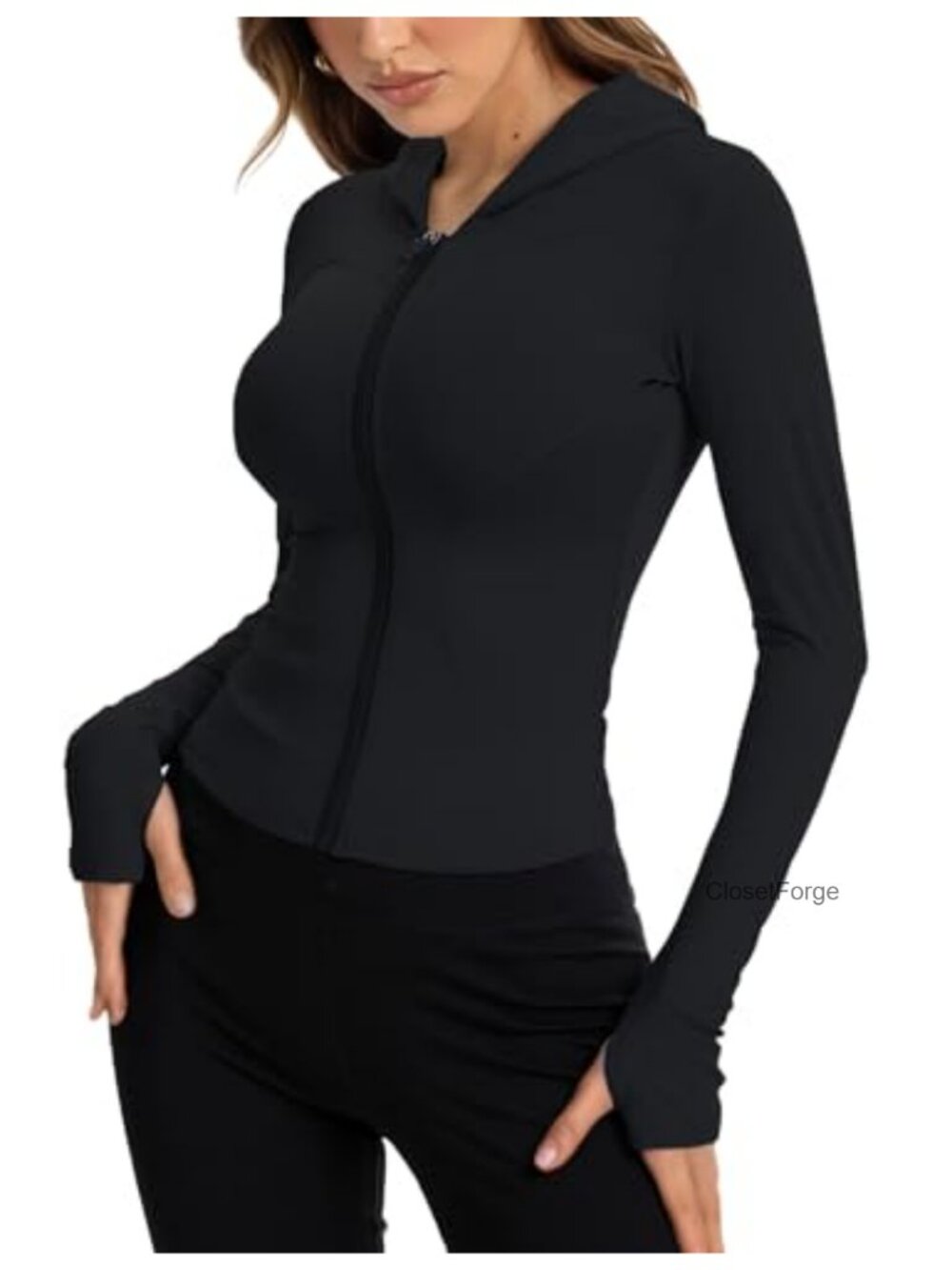 Women's Compression Workout Jacket Hooded Crop Yoga Gym Thumbholes Zip